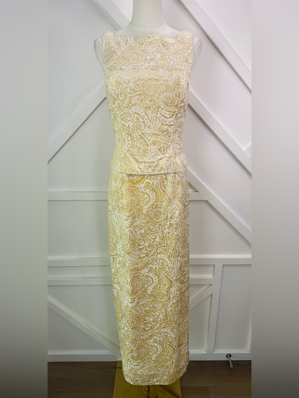 Vintage Marie St. Claire Beaded Velvet Burnout Paisley Maxi Dress Sz 4 Ivory